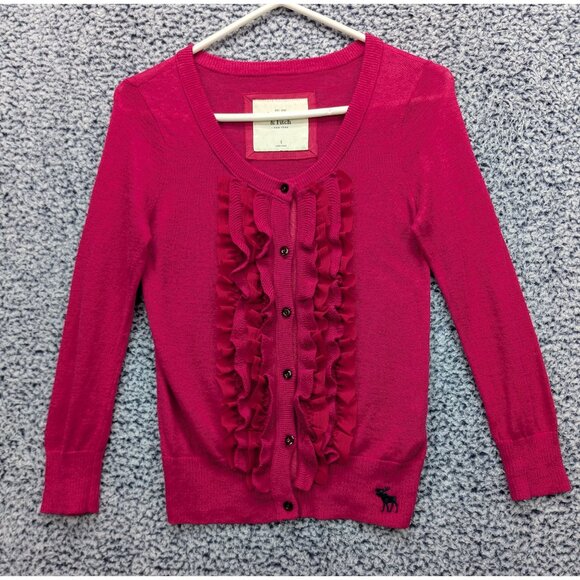 Y2K Abercrombie Fitch Cardigan Womens S Linen Blend Ruffle Preppy Barbie Pink - Picture 1 of 12